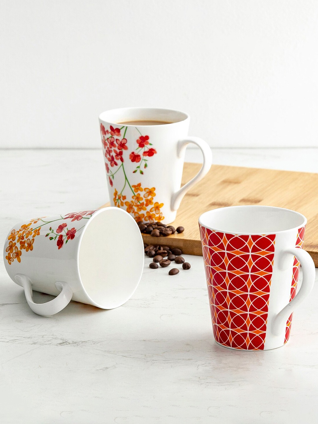 

Home Centre 3 Red & White Printed Bone China Glossy Mugs