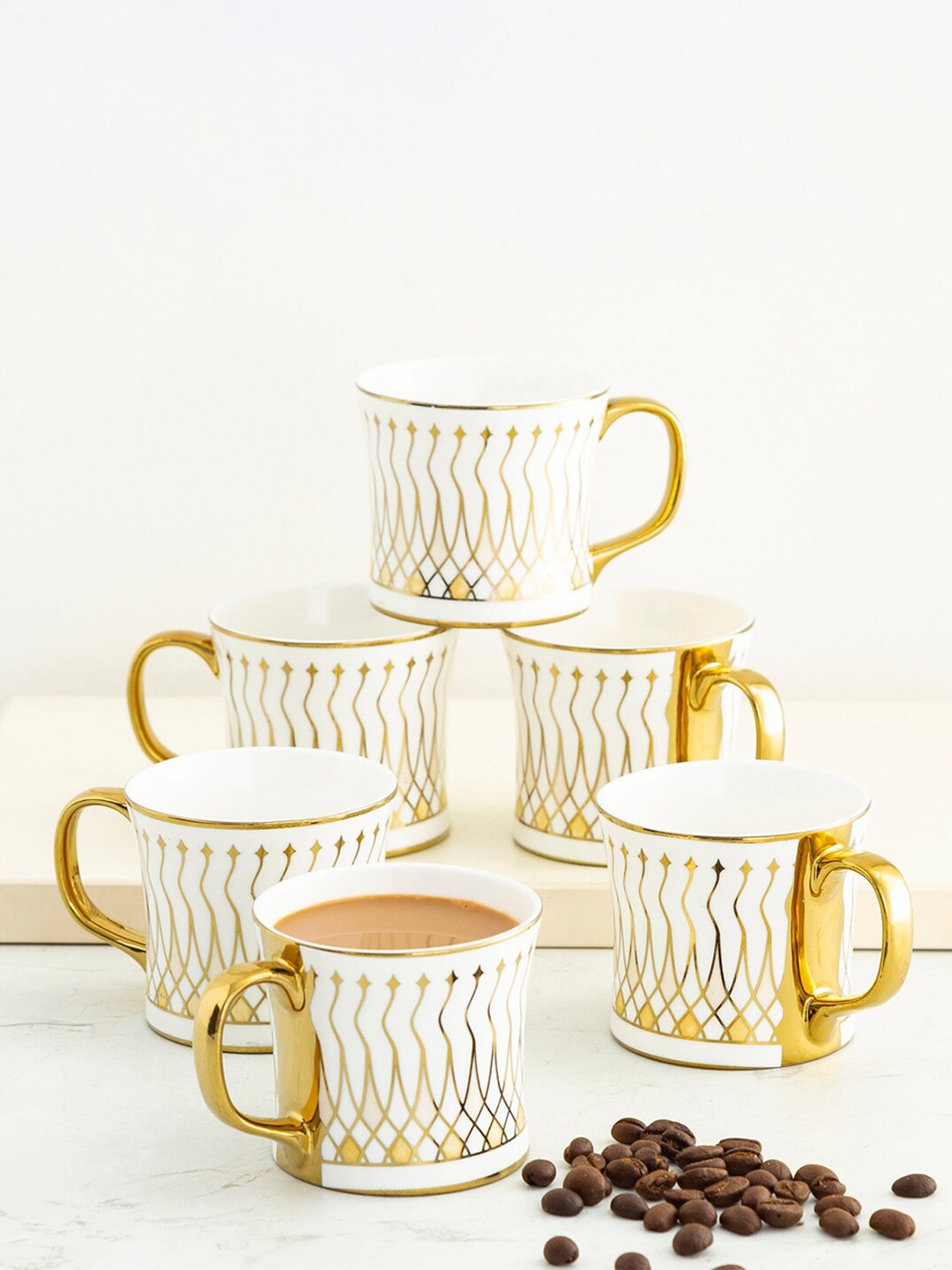 

Home Centre Set Of 6 White & Gold-Toned Printed Bone China Matte Mugs