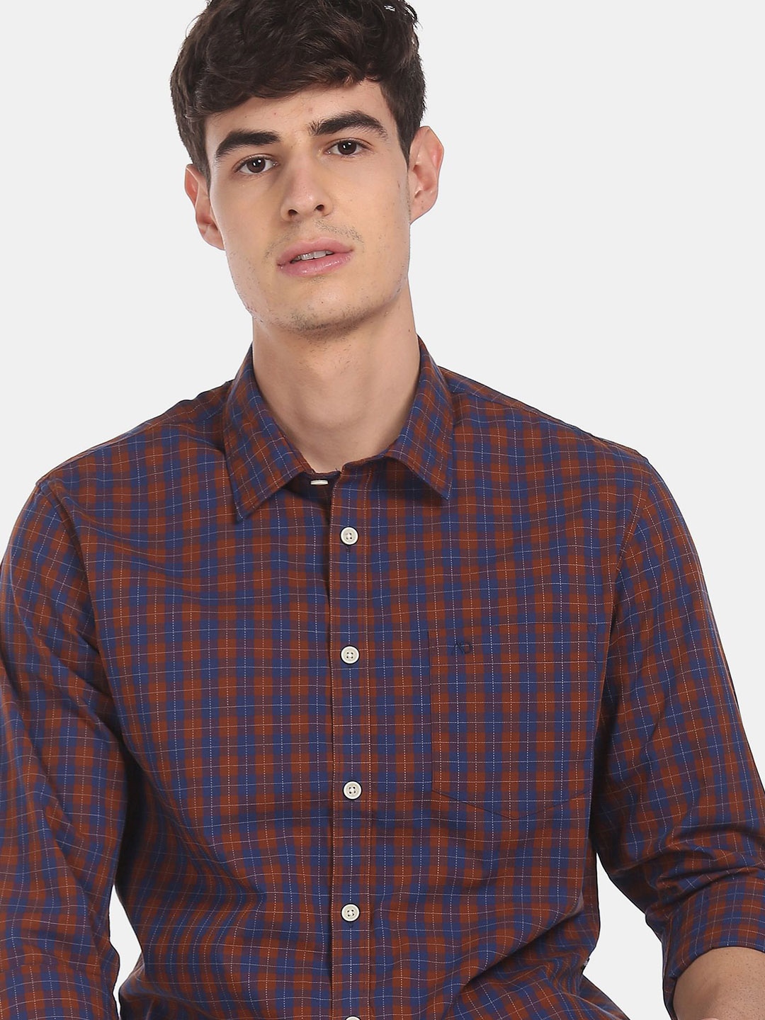 

AD By Arvind Men Brown & Blue Checked Pure Cotton Casual Shirt