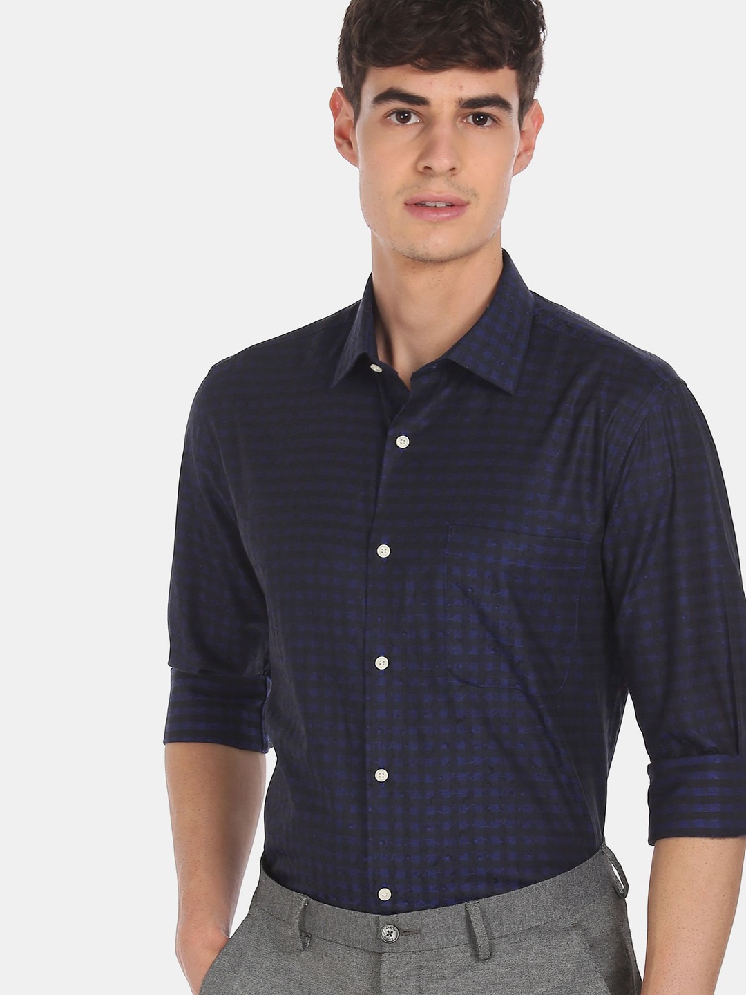 

AD By Arvind Men Navy Blue Opaque Checked Formal Shirt