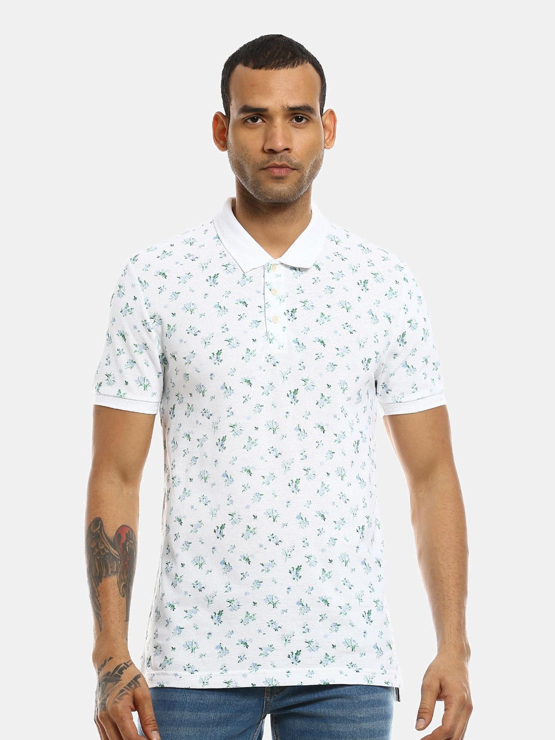 

AD By Arvind Men White & Green Floral Printed Polo Collar T-shirt