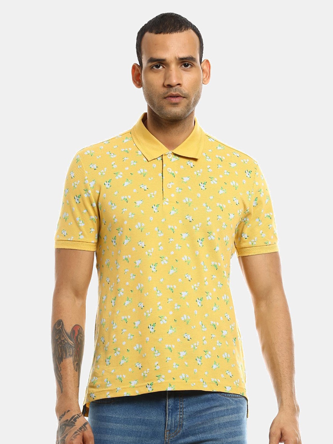 

AD By Arvind Men Mustard Yellow Printed Polo Collar Pockets T-shirt