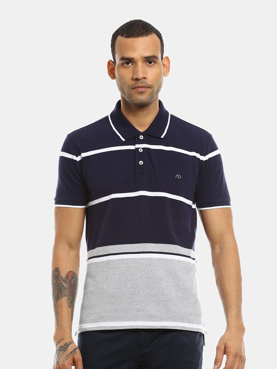 

AD By Arvind Men Navy Blue & Grey Striped Polo Collar Cotton T-shirt