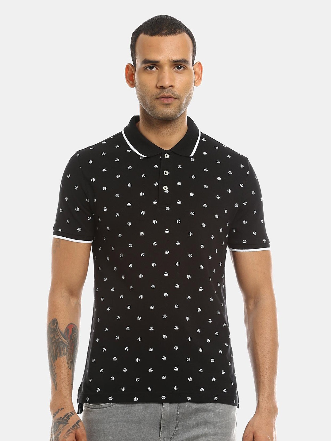 

AD By Arvind Men Black Printed Pure Cotton Polo Collar T-shirt