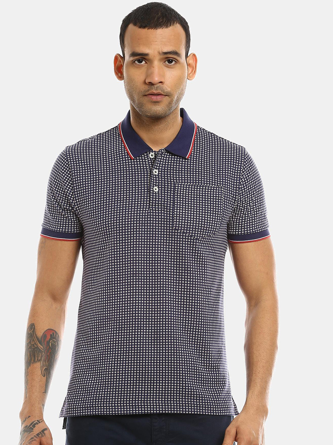 

AD By Arvind Men Navy Blue Striped Polo Collar Pockets T-shirt