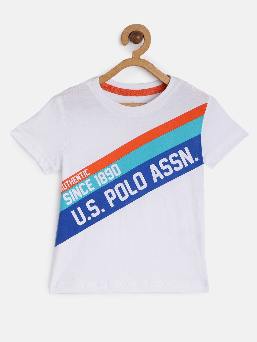 

U.S. Polo Assn. Kids Boys White & Blue Brand Logo Striped Pure Cotton T-shirt