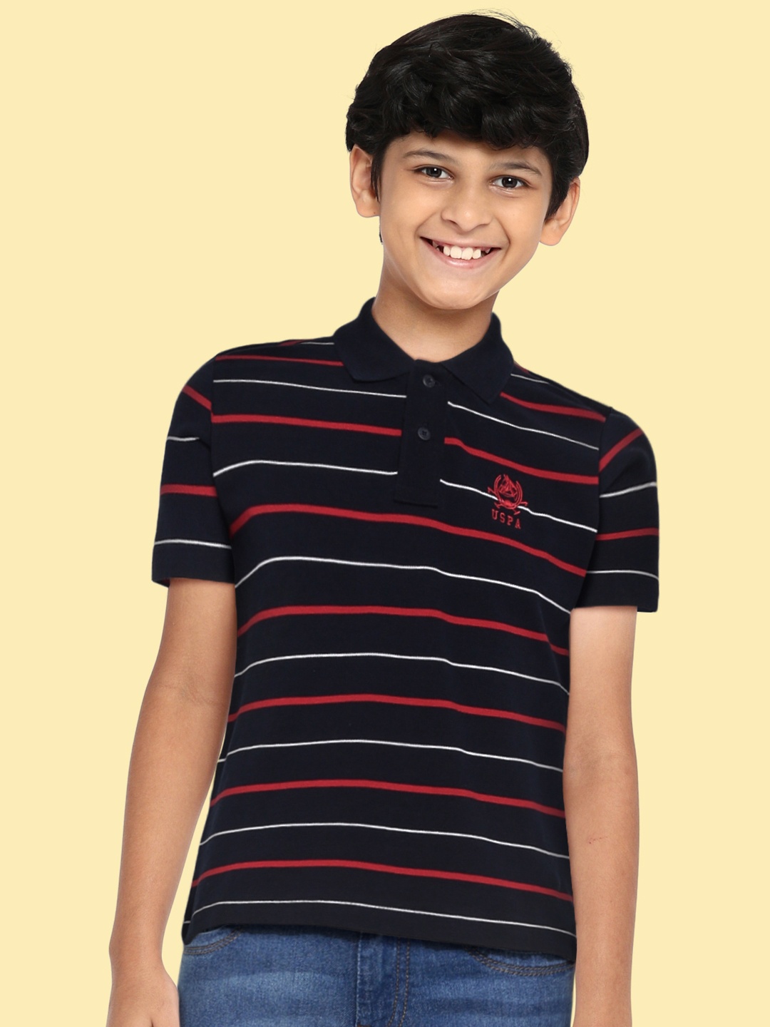 

U.S. Polo Assn. Kids Boys Navy Blue & Red Striped Cotton Polo T-shirt with Logo Detail
