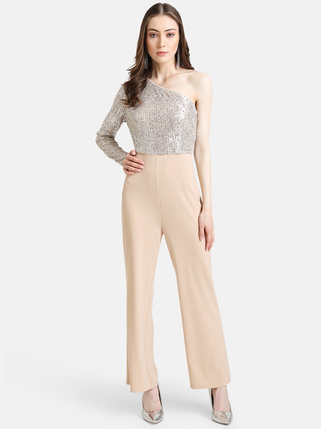 

Kazo Women Beige & Silver-Toned One Shoulder Embellished Jumpsuit