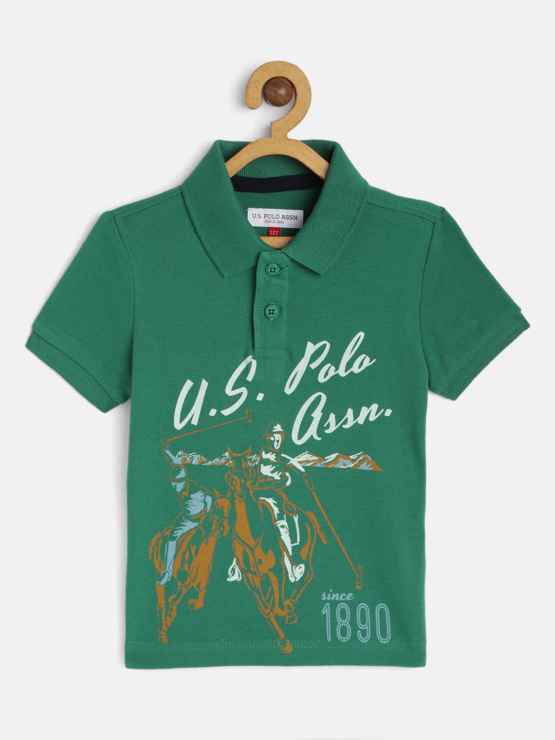 

U.S. Polo Assn. Kids Boys Green Brand Logo Printed Polo Collar Pure Cotton T-shirt