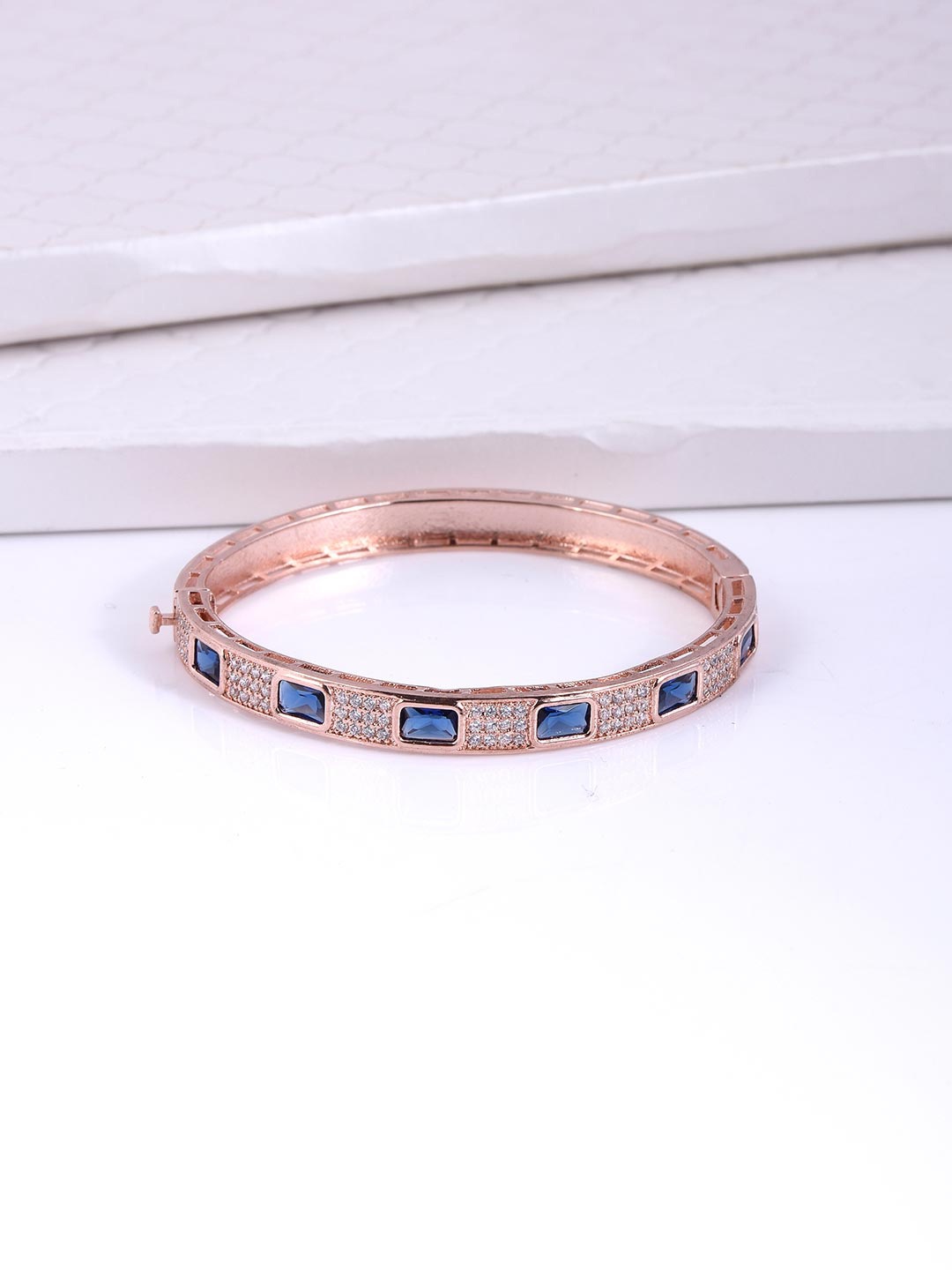 

Tistabene Women Rose Gold-Plated & Blue Coloured Stone Studded Cuff Bracelet