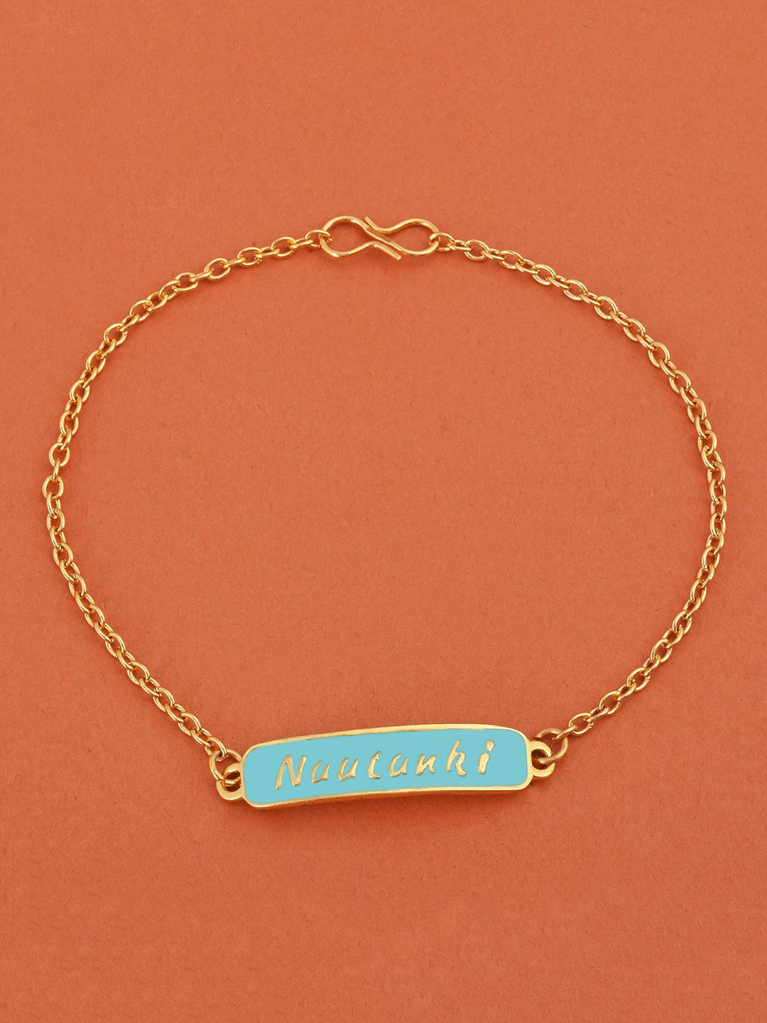 

Tistabene Women Gold-Toned & Turquoise Blue NAUTANKI Engraved Charm Bracelet