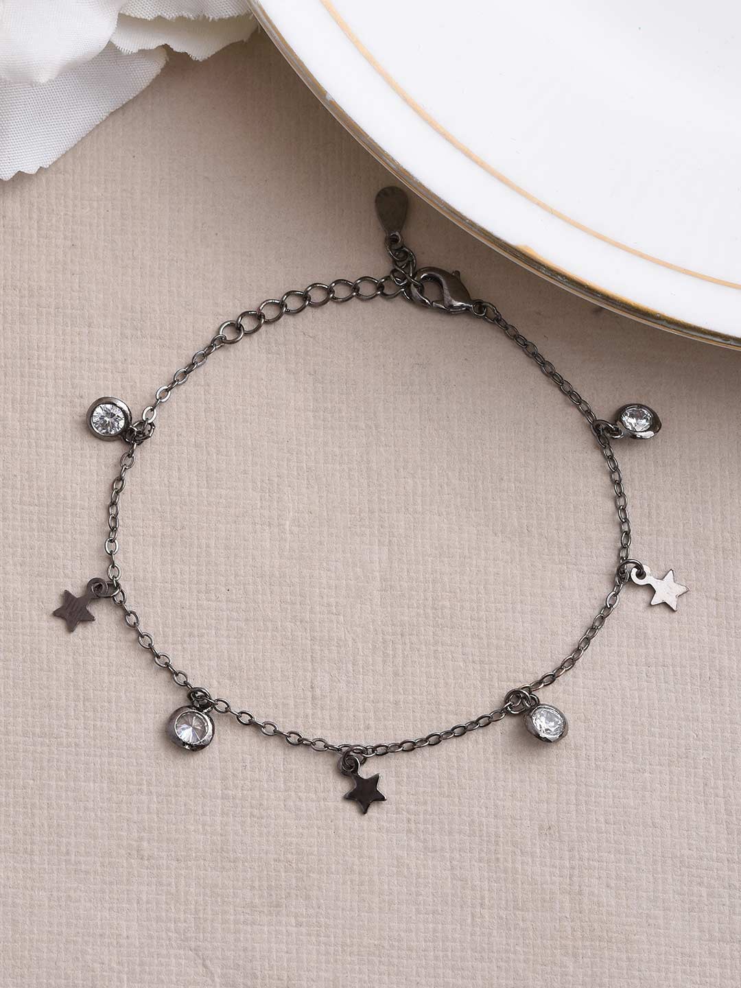 

Tistabene Women Charcoal Grey Cubic Zirconia Rhodium-Plated Elasticated Bracelet