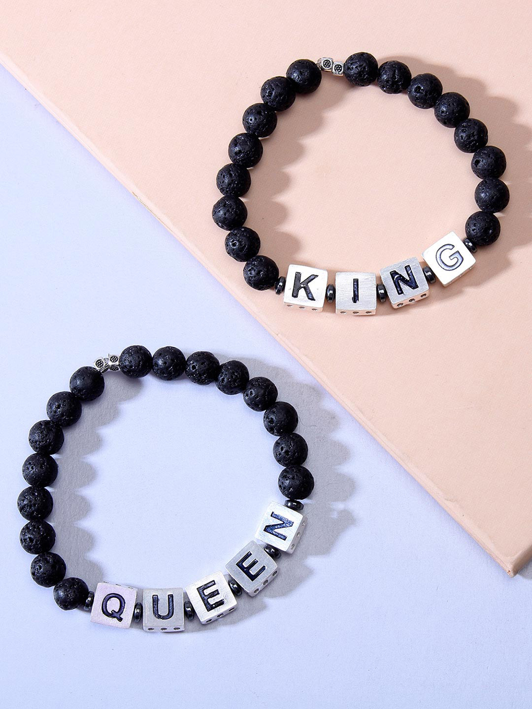 

Tistabene Women Black & White Rhodium-Plated Lava Stones King Queen Bracelet