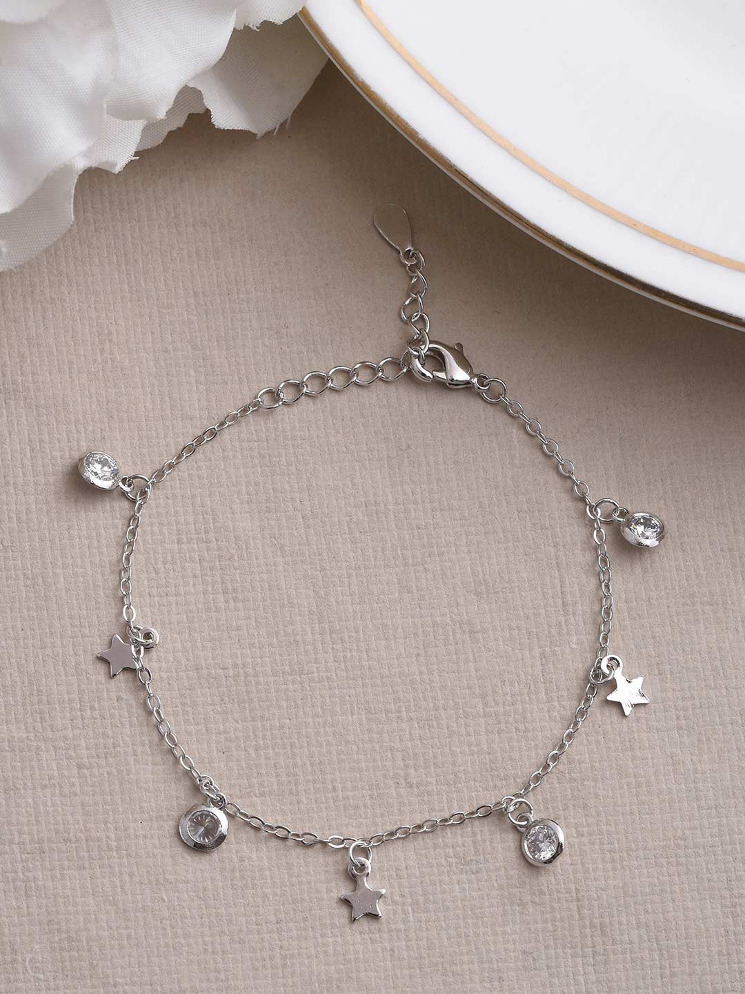 

Tistabene Women White & Silver-Plated International Diamonds Studded Link Bracelet