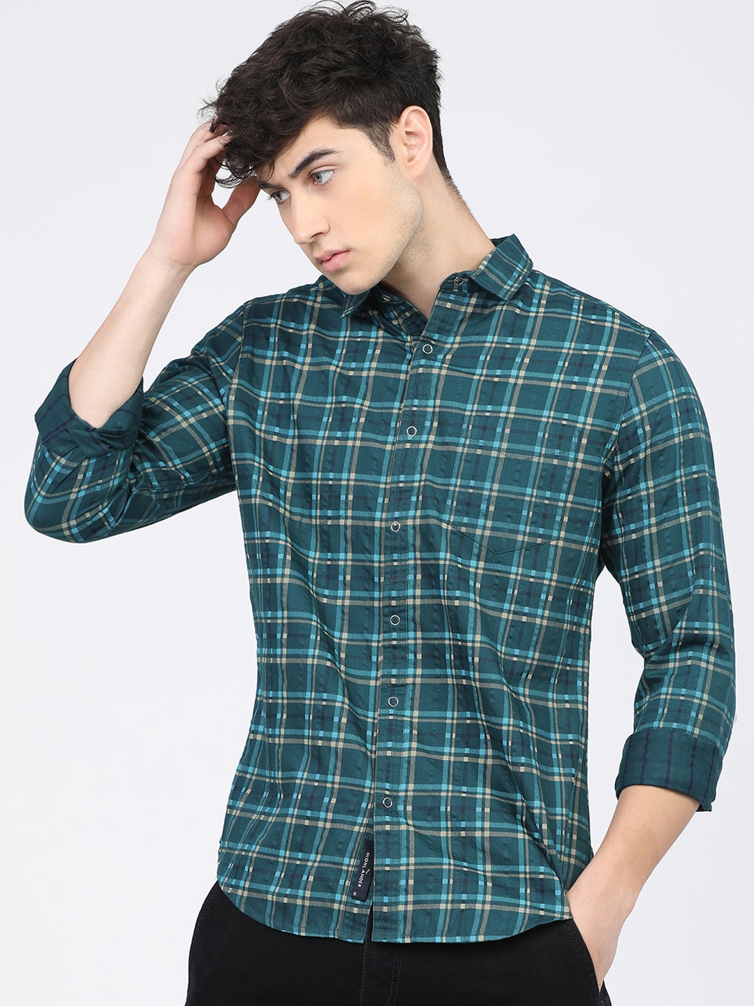 

HIGHLANDER Men Teal Slim Fit Tartan Checks Opaque Checked Casual Shirt