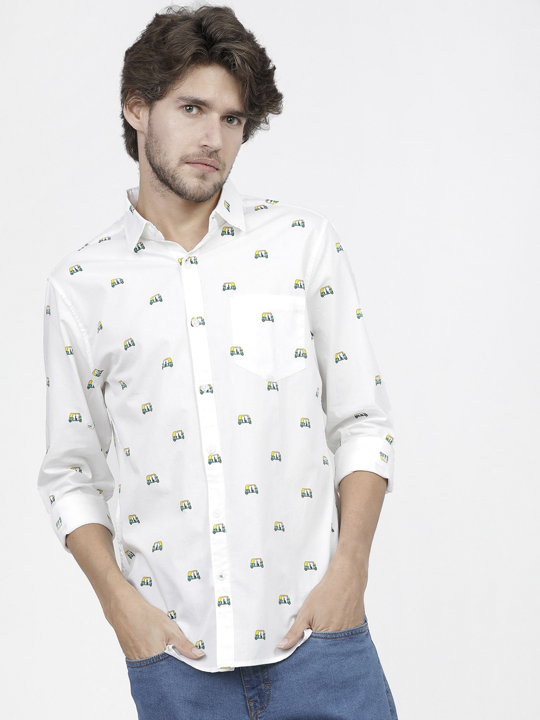 

HIGHLANDER Men White Slim Fit Opaque Printed Casual Shirt