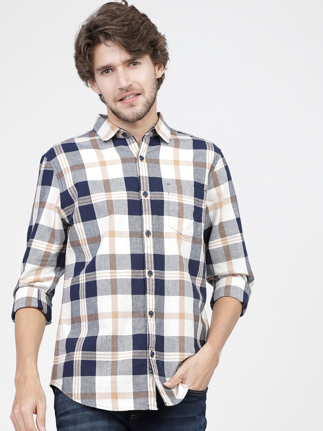 

HIGHLANDER Men Navy Blue Slim Fit Gingham Checks Opaque Checked Casual Shirt