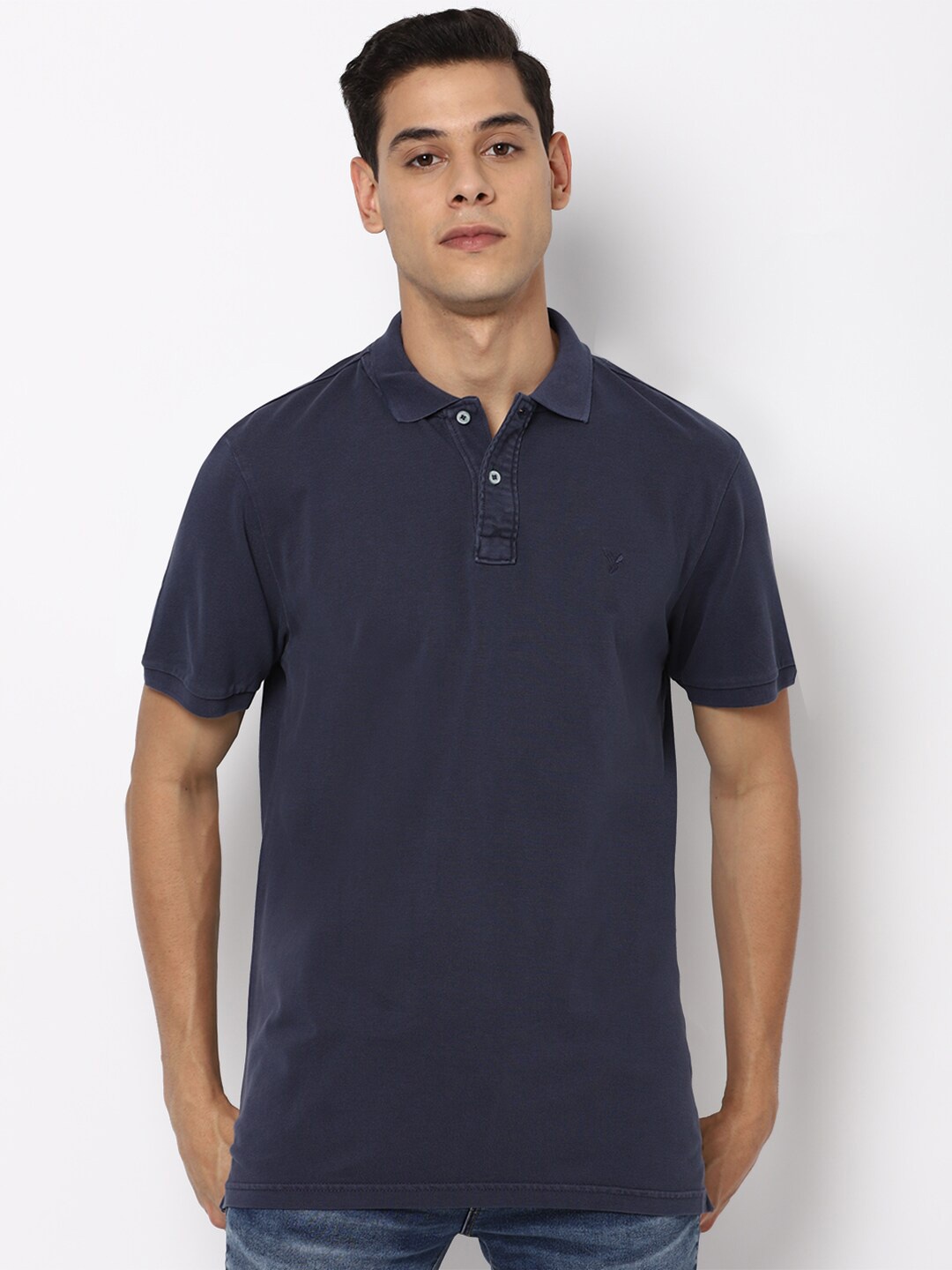 

AMERICAN EAGLE OUTFITTERS Men Navy Blue Polo Collar Slim Fit T-shirt