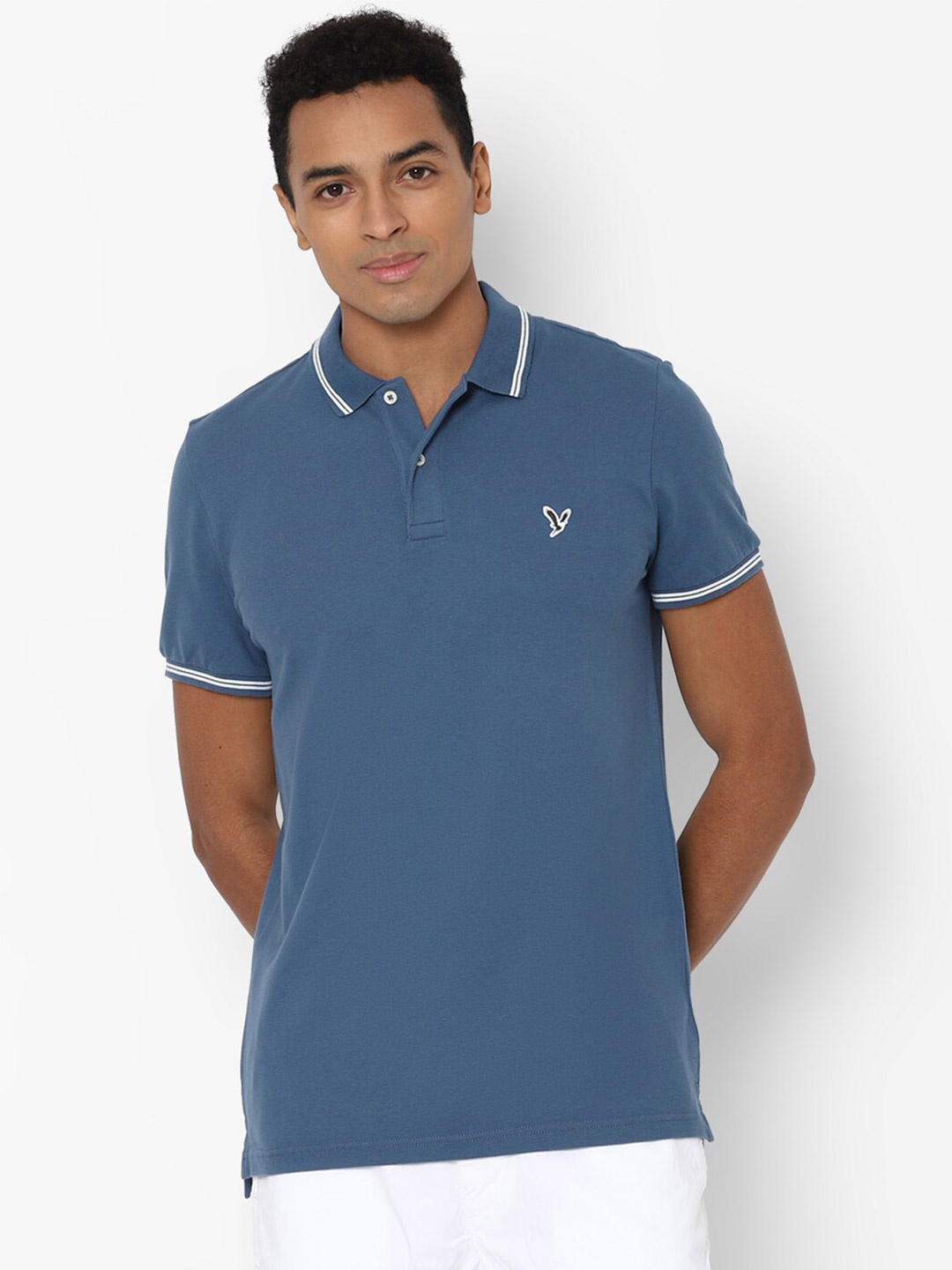 

AMERICAN EAGLE OUTFITTERS Men Blue Polo Collar Slim Fit T-shirt