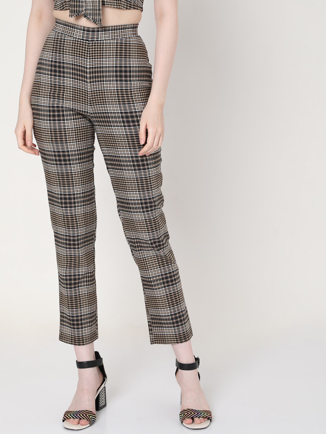 

Vero Moda Women Brown Checked Slim Fit High-Rise Trousers