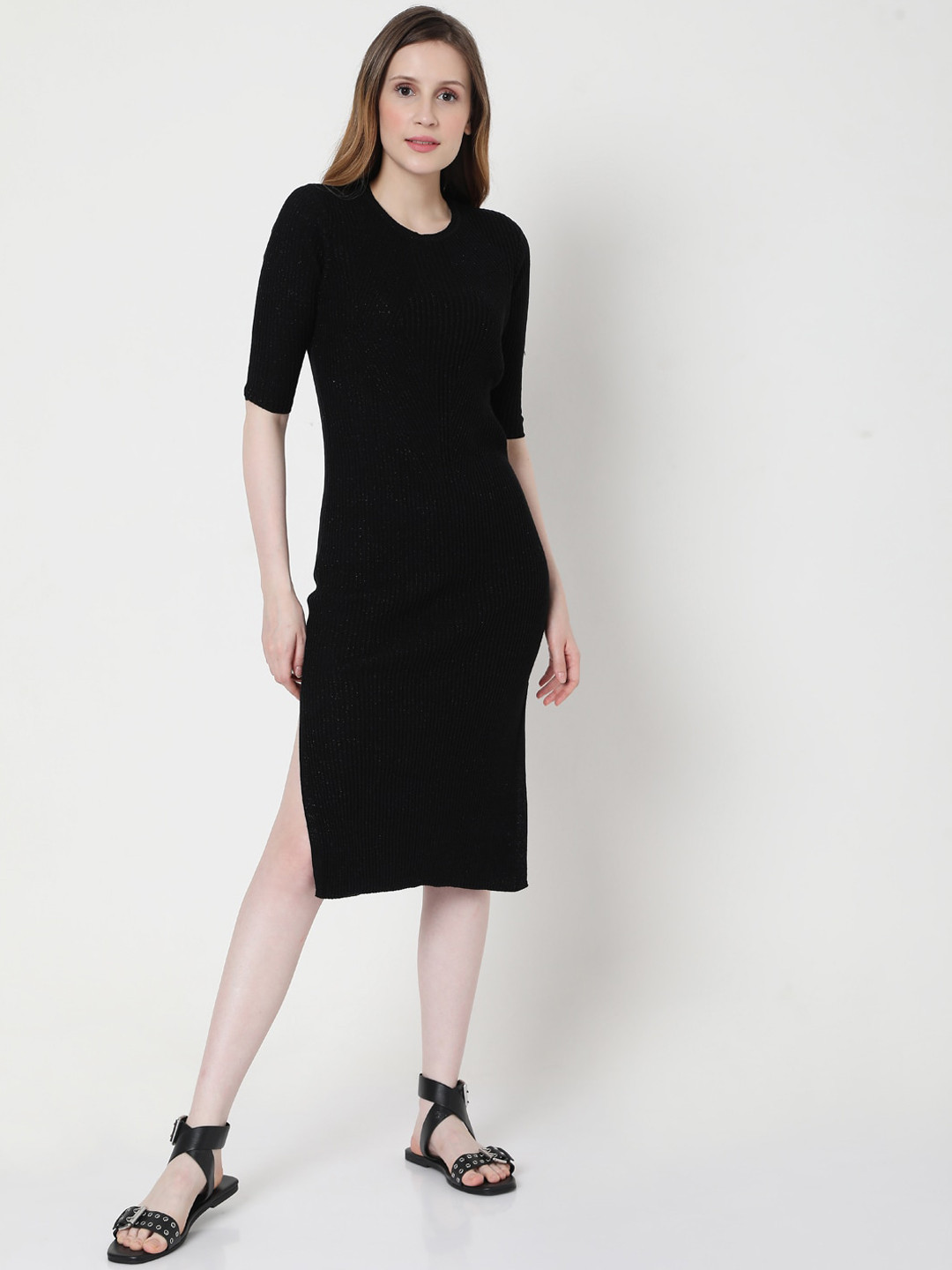 

Vero Moda Women Black Solid Round Neck Sheath Dress