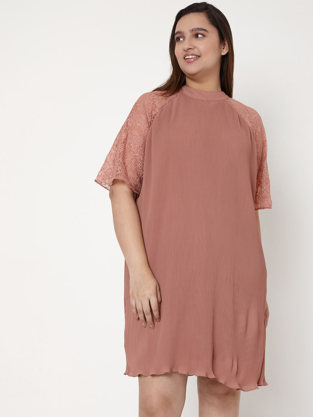 

VERO MODA CURVE Women Pink Self Design Hi Neck A-Line Dress