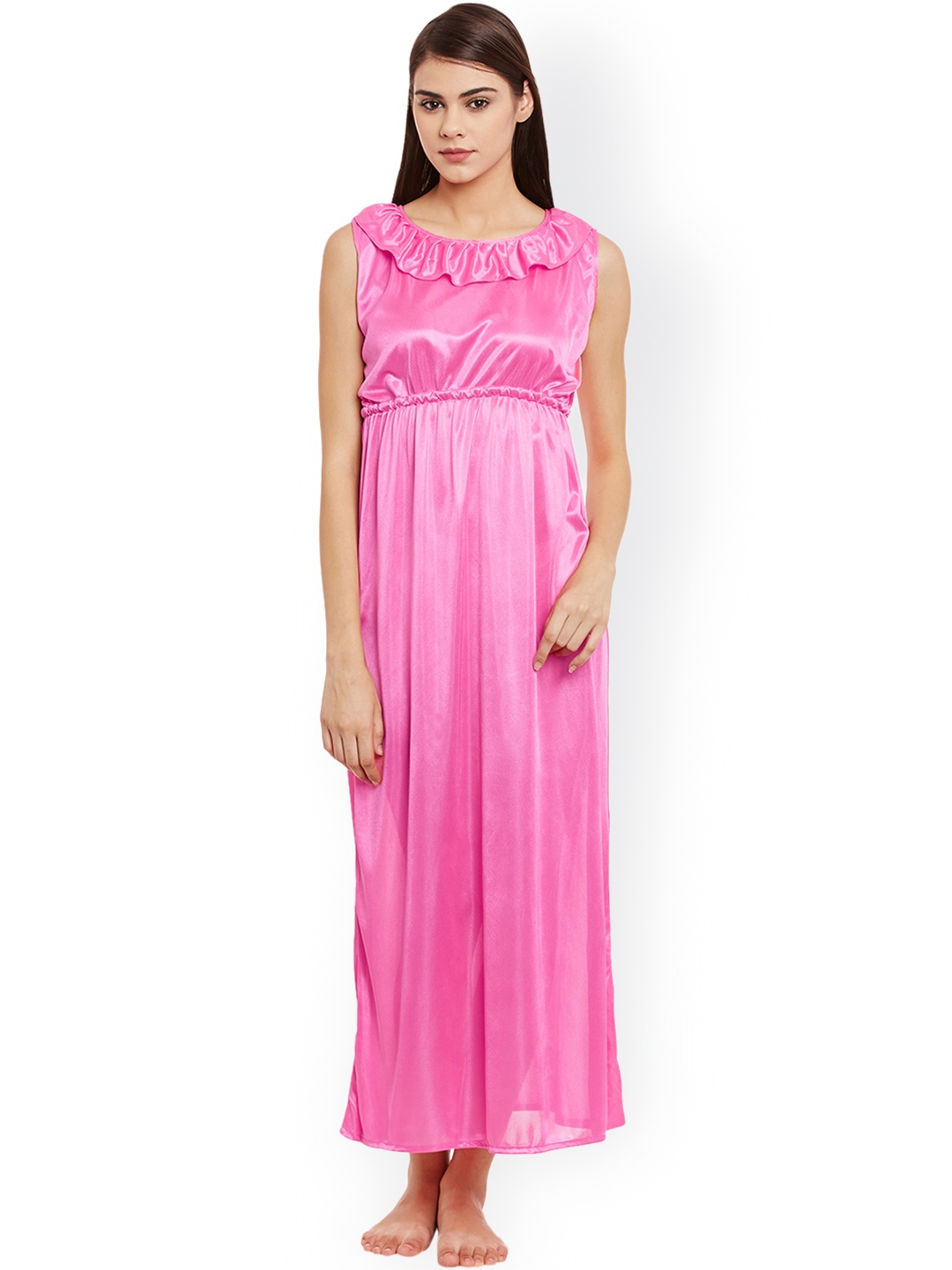 

Clovia 2 Pieces Satin Finish Maxi Nightdress with Robe NSM295G22O, Pink