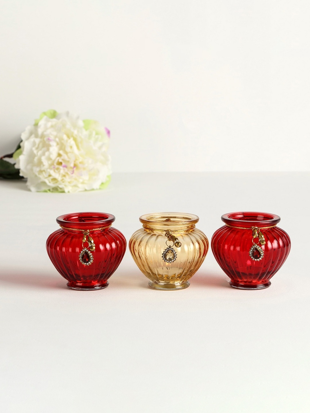 

Home Centre Set of 3 Red & Gold Toned Solid Raga Glass Votive Holder