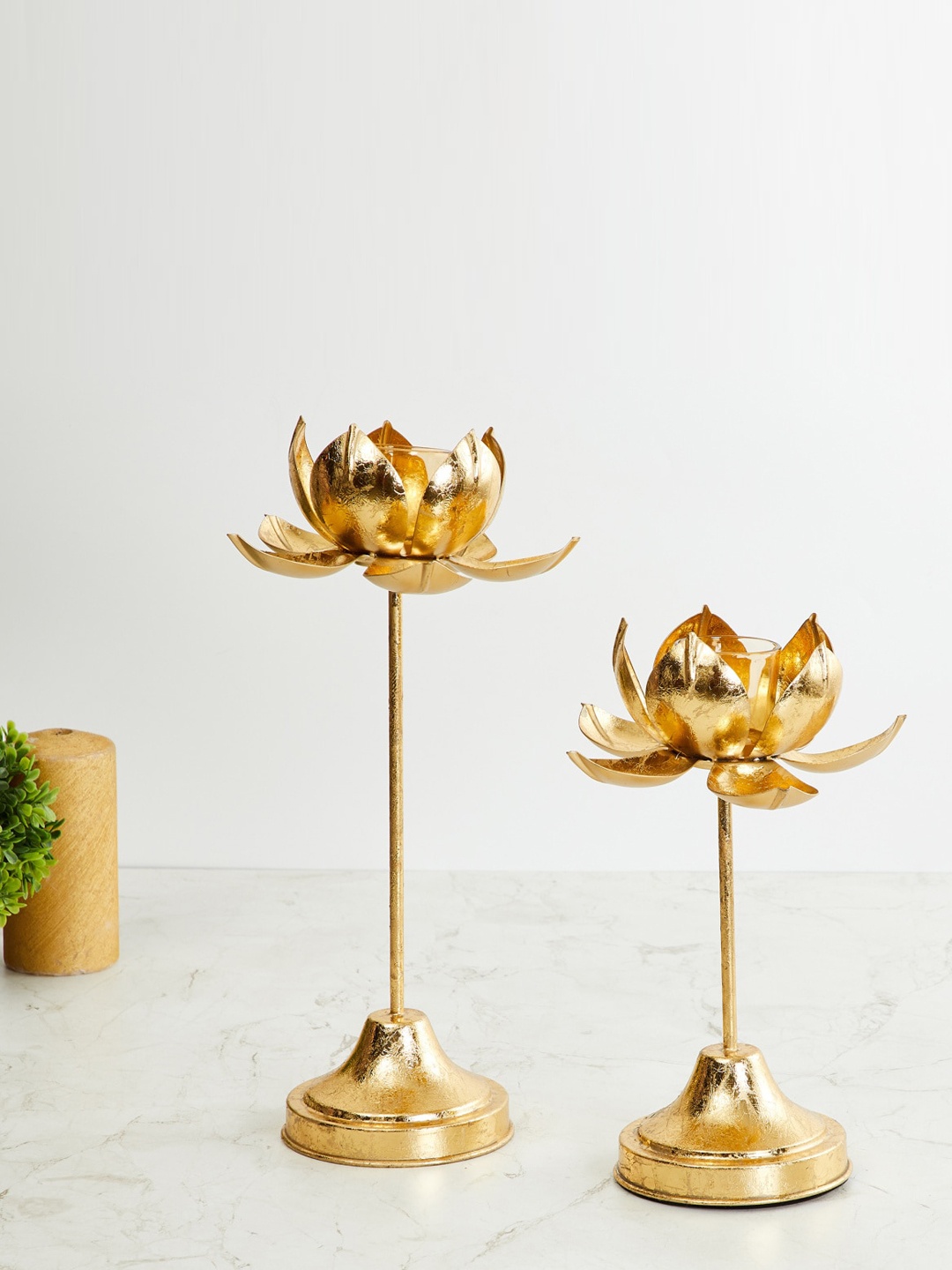 

Home Centre Set Of 2 Gold-Toned Lotus-Shaped Glass Candle Holders
