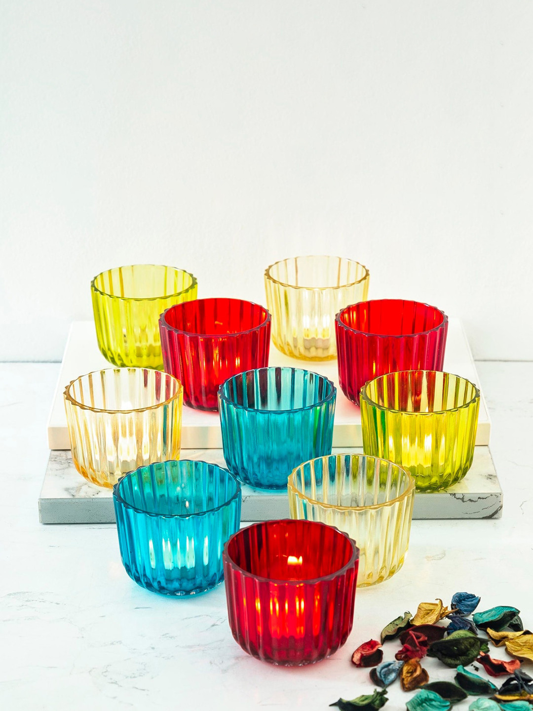

Home Centre Set of 10 Multicolored Glass T-Light Holder, Multi