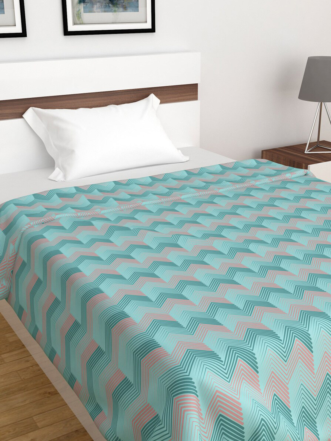 

Home Centre Blue & Peach-Coloured Geometric Summer 350 GSM Single Bed Blanket