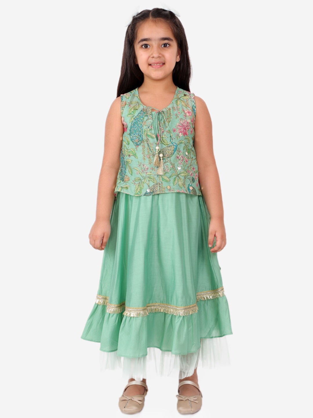 

LIL DRAMA Green & Pink Floral Layered Ethnic A-Line Maxi Dress