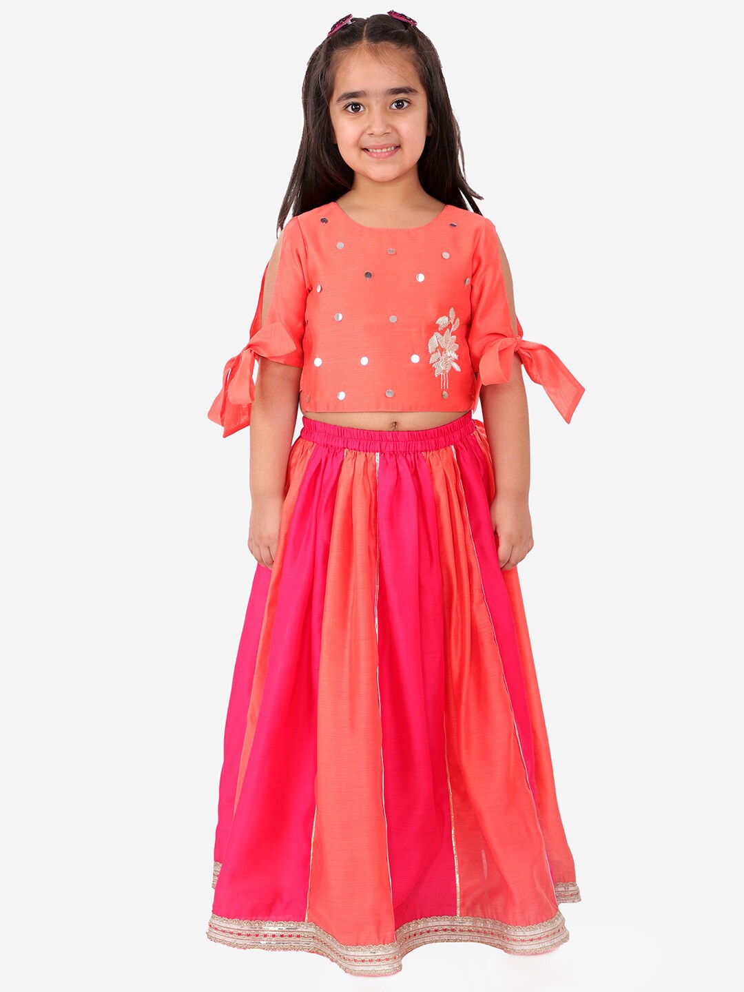 

LIL DRAMA Girls Red & Pink Embroidered Ready to Wear Lehenga & Choli
