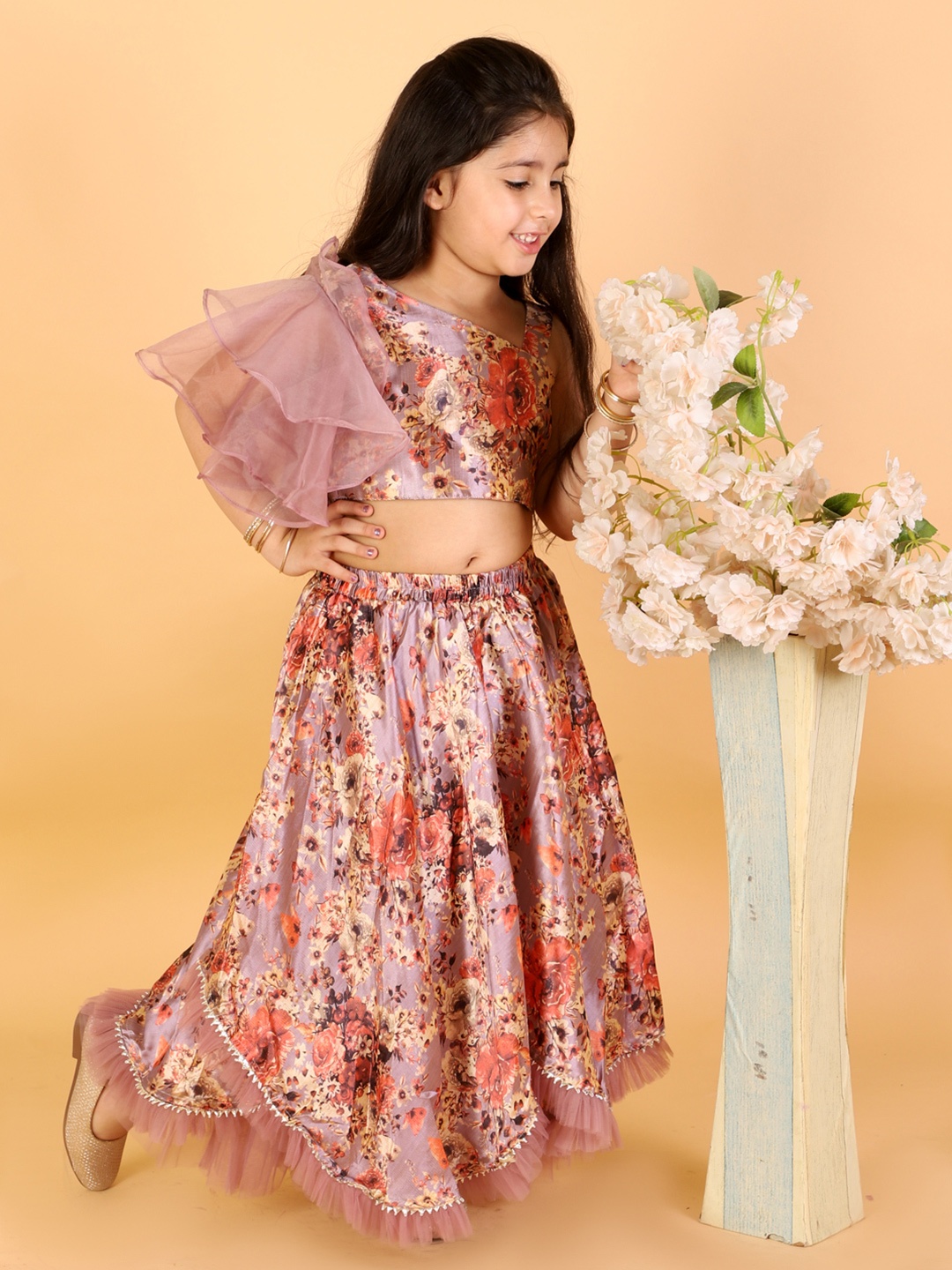 

LIL DRAMA Girls Mauve & Orange Printed Ready to Wear Ghaghra Choli