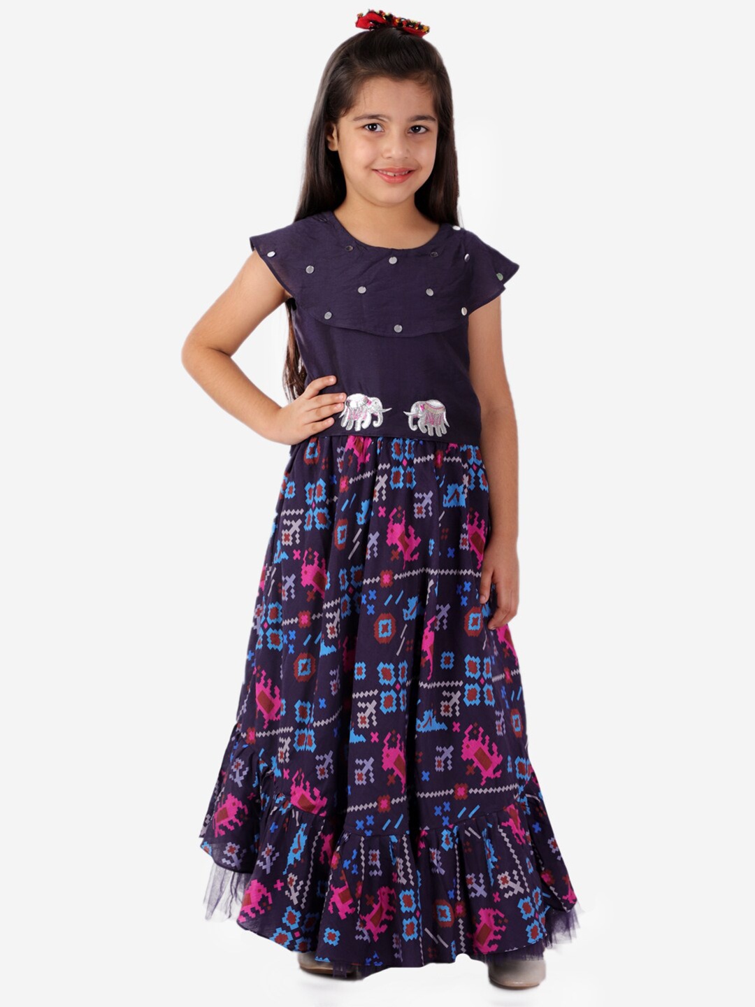 

LIL DRAMA Girls Navy Blue Geometric Printed Lehenga Choli