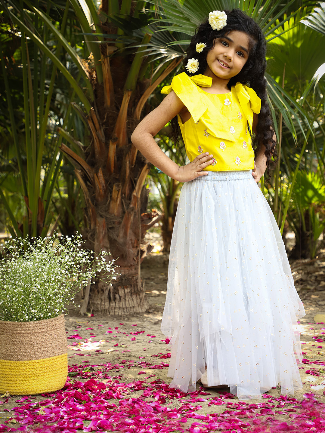 

LIL DRAMA Girls Yellow & Silver Embroidered Ready To Wear Lehenga Choli