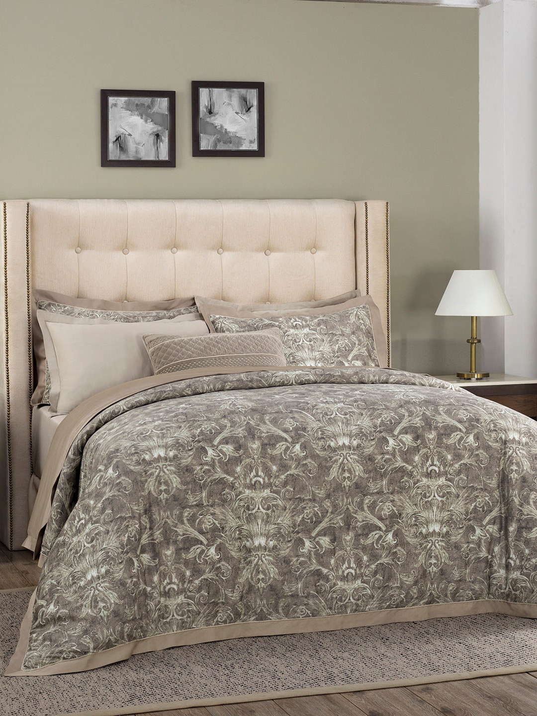 

Maspar Grey Vintage Grandeur Prime Print 400TC Cotton Neutral King 7Pc Duvet Cover Set