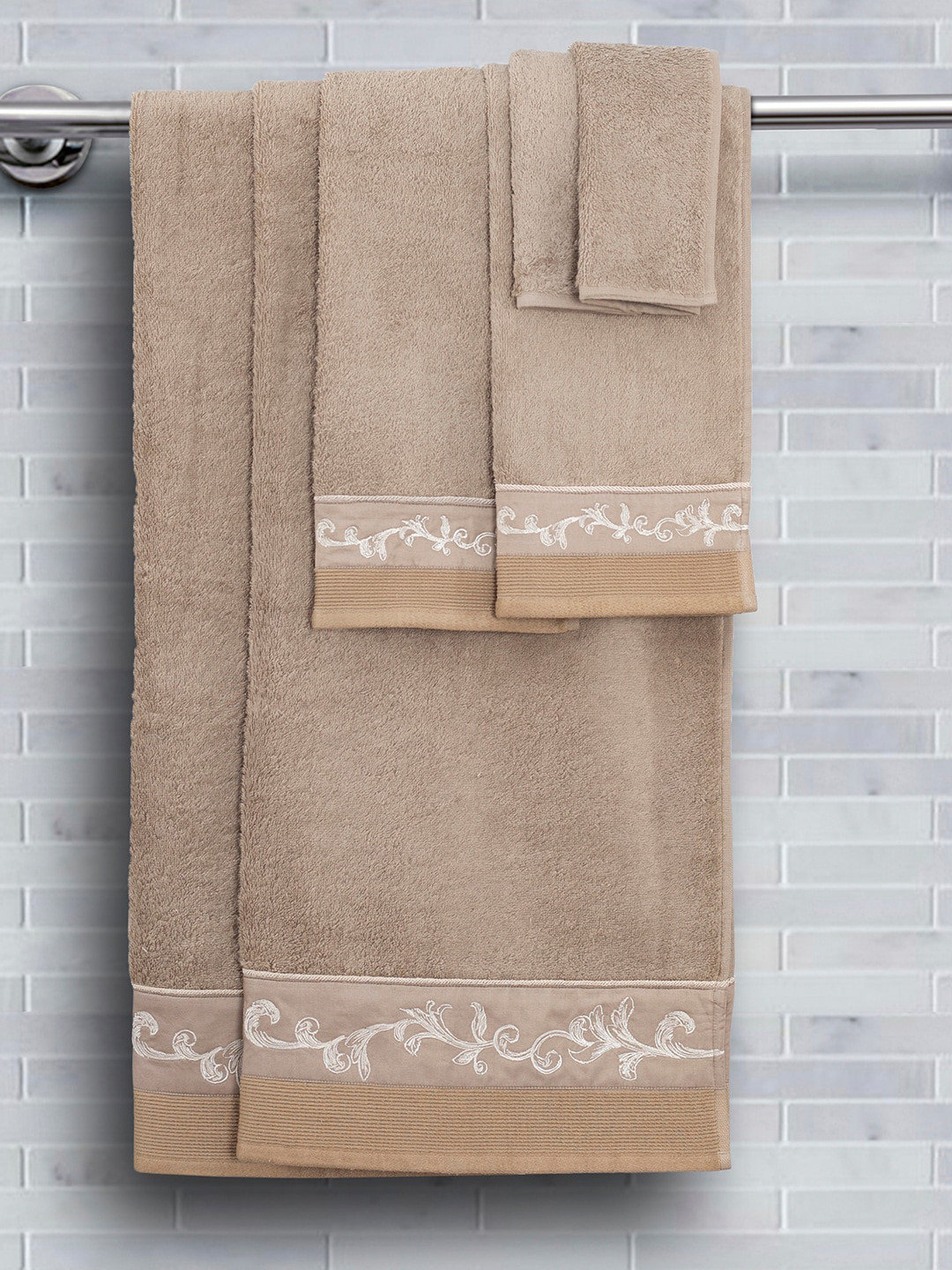 

MASPAR Set Of 6 Beige & White Embroidered 550 GSM Pure Cotton Towels
