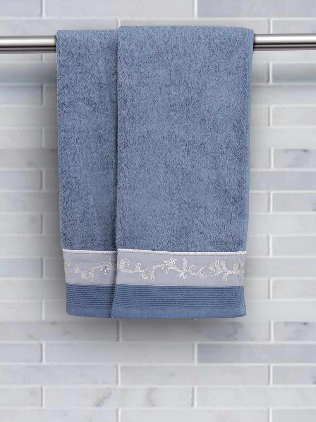 

MASPAR 2-Pack Vintage Embroidery 550GSM Cotton Hand Towel Set, Blue