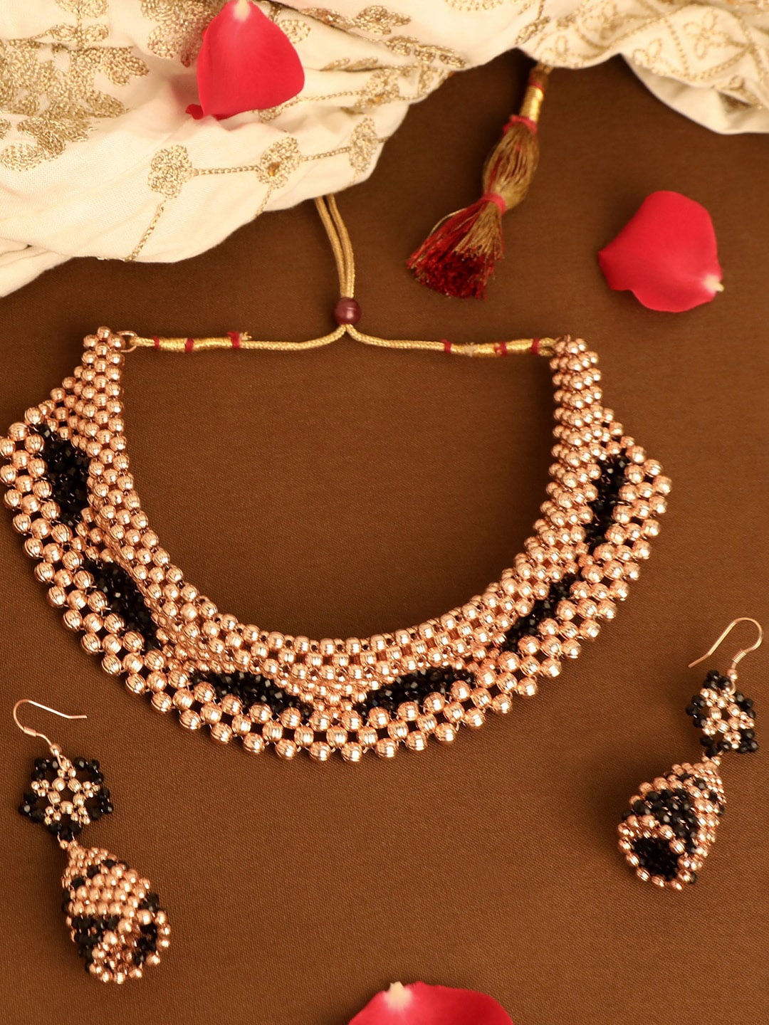 

ZINU Black & Gold-Toned Beaded Handcrafted Jewellery Set