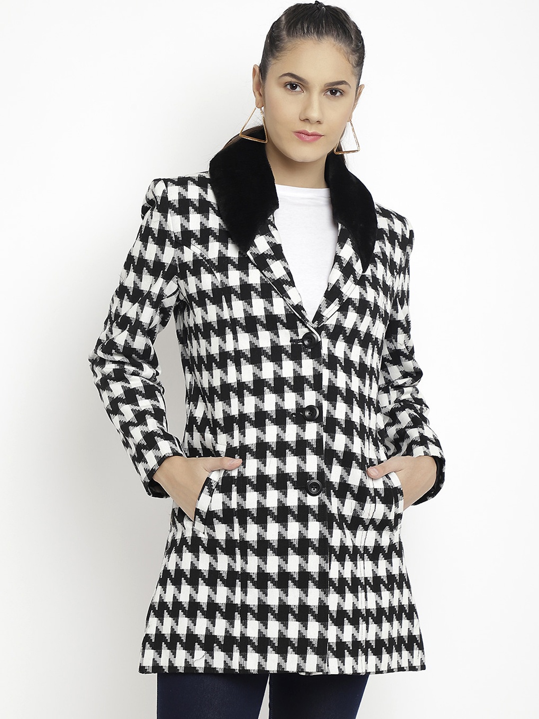 

LEBORK Women Black & White Wool Checked Notched Lapel Collar Trench Coat