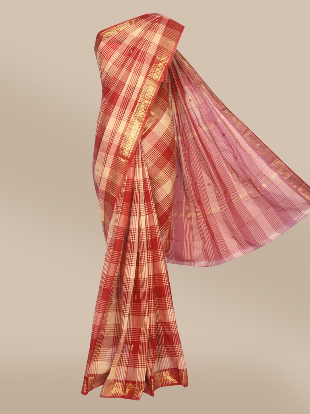 

The Chennai Silks Cream-Coloured & Red Checked Pure Cotton Fusion Chettinad Saree