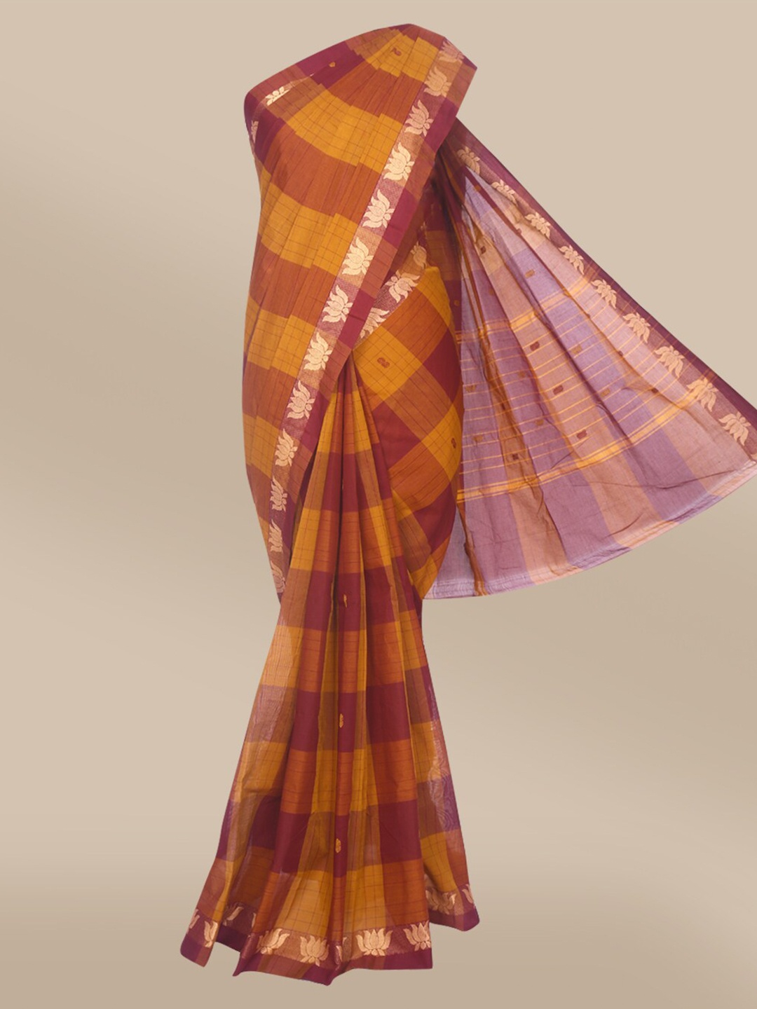 

The Chennai Silks Orange & Maroon Colourblocked Zari Pure Cotton Chettinad Saree