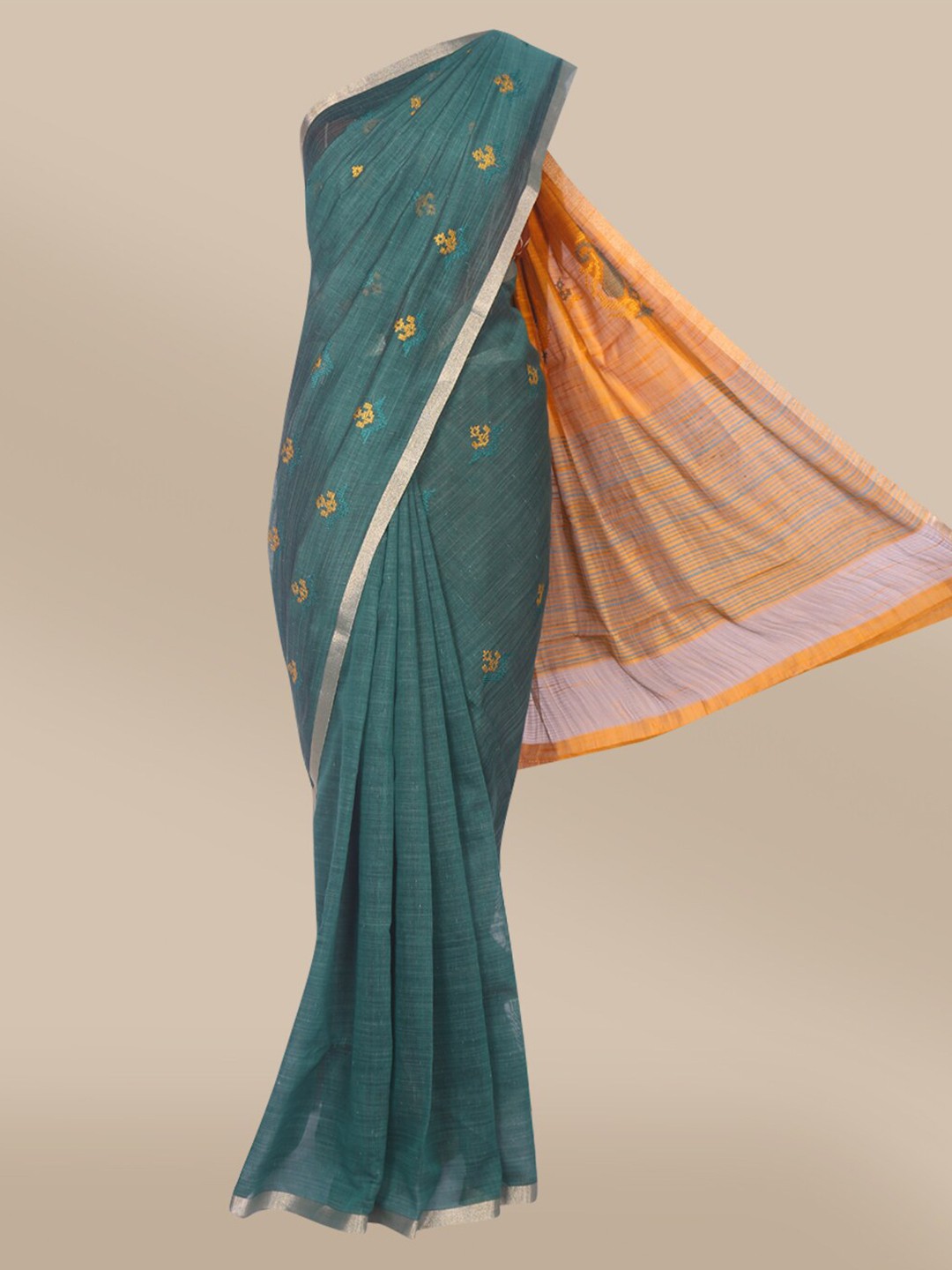 

The Chennai Silks Teal & Yellow Floral Embroidered Fusion Saree