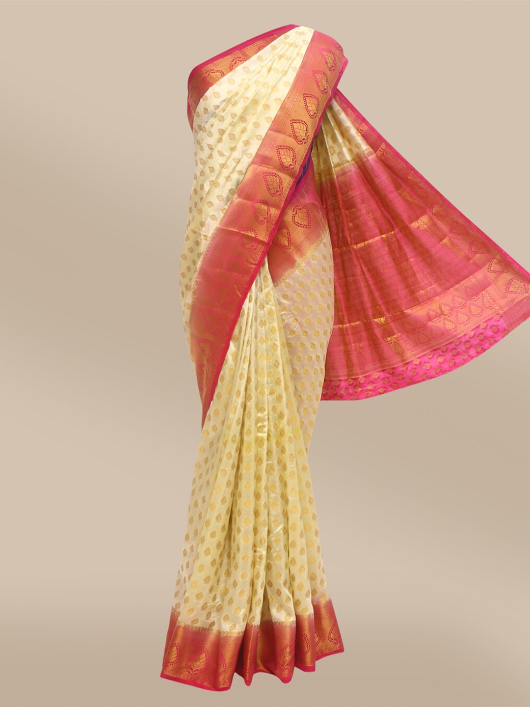 

The Chennai Silks Cream-Coloured & Red Ethnic Motifs Saree