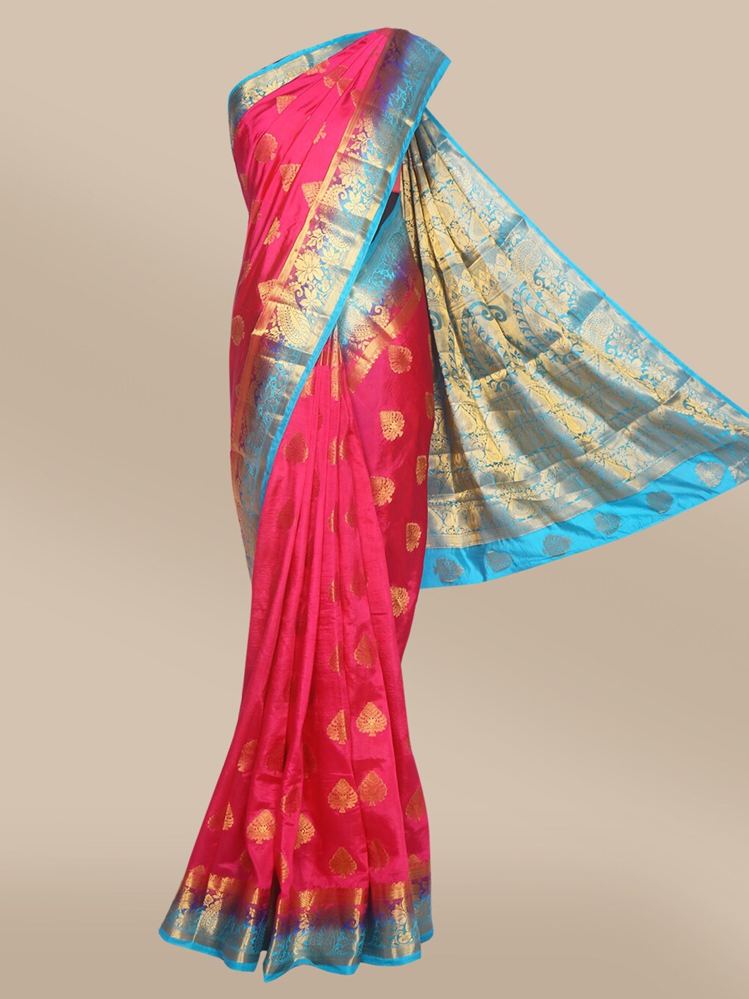 

The Chennai Silks Magenta & Blue Ethnic Motifs Zari Saree
