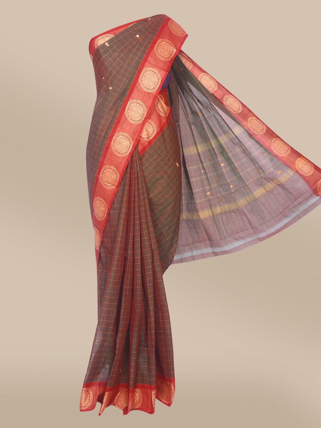 

The Chennai Silks Olive Green & Red Checked Zari Pure Cotton Chettinad Saree