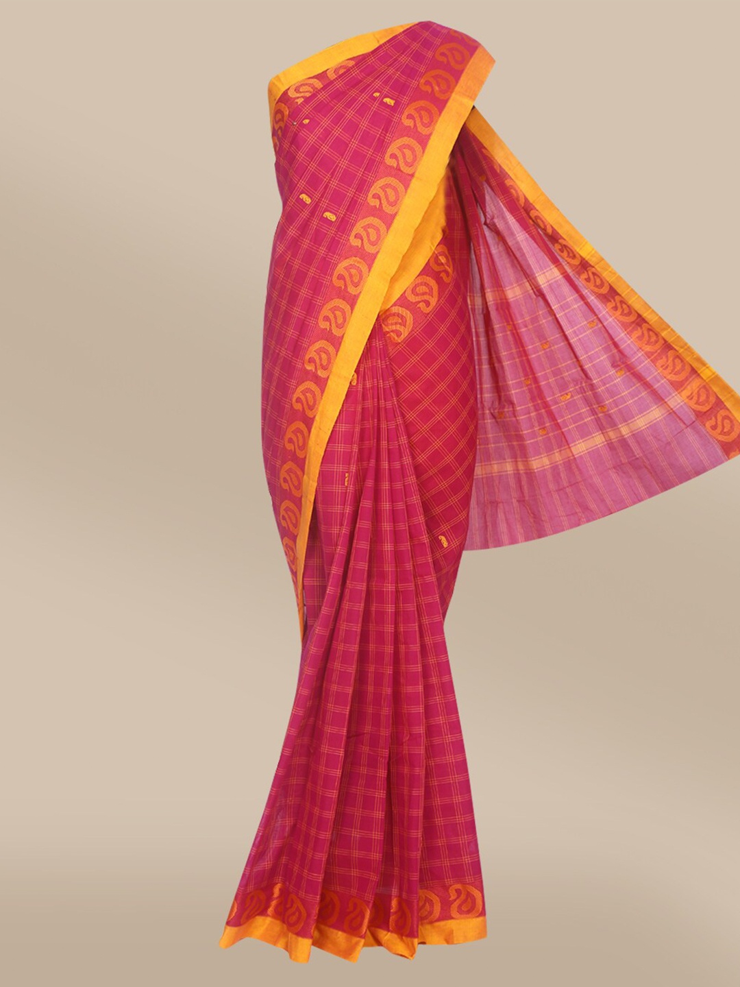 

The Chennai Silks Magenta & Yellow Checked Pure Cotton Fusion Chettinad Saree