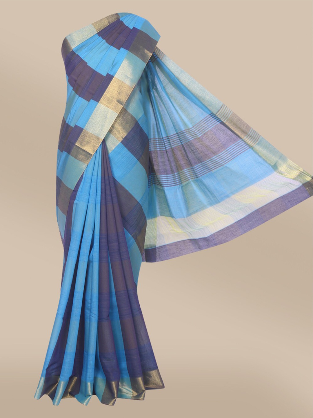 

The Chennai Silks Blue & Gold-Toned Colourblocked Fusion Saree
