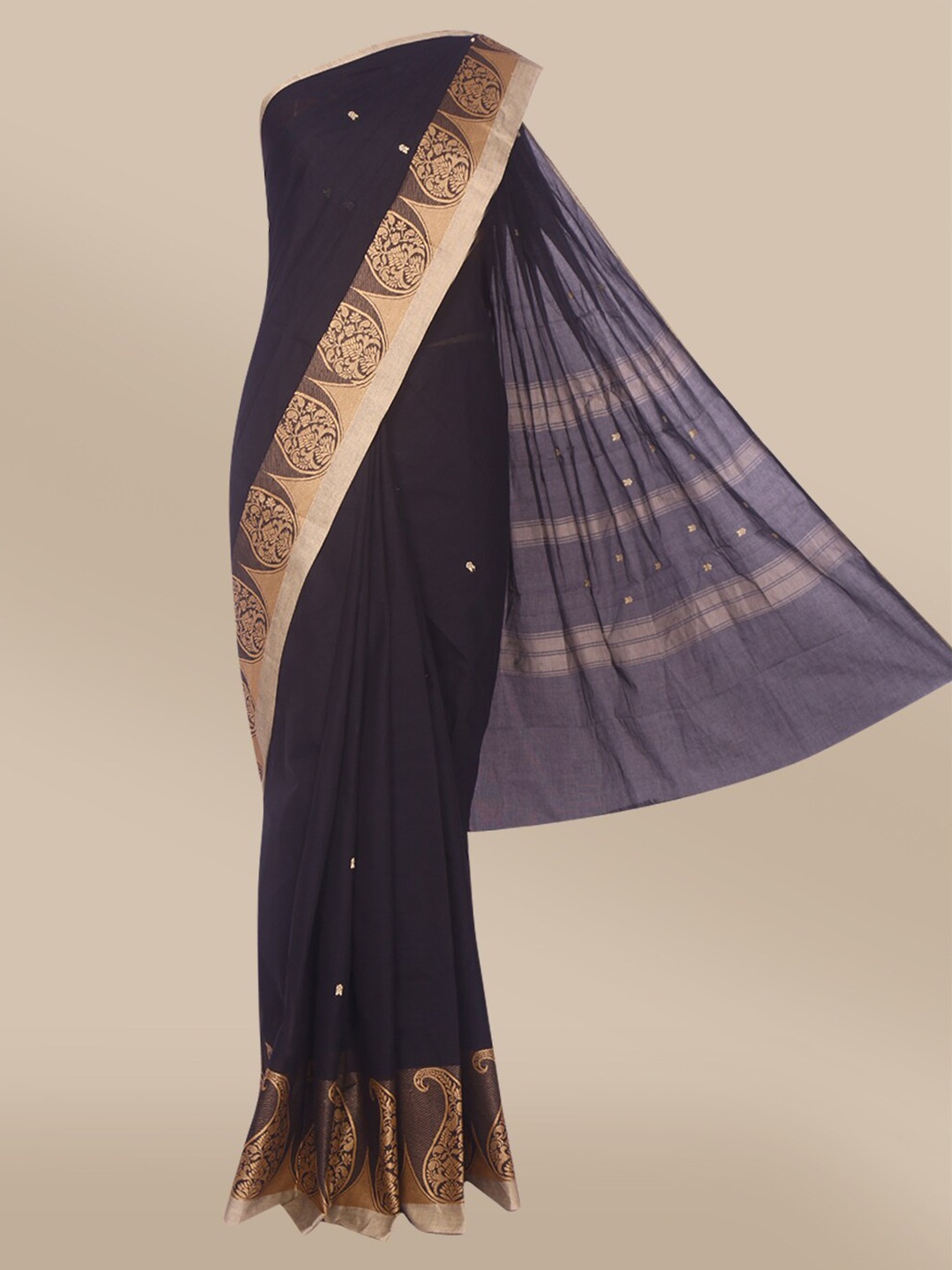 

The Chennai Silks Black & Gold-Toned Woven Design Zari Pure Cotton Fusion Chettinad Saree